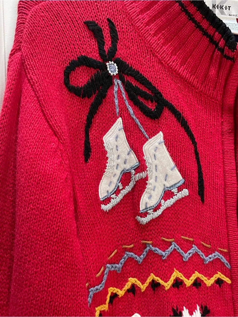 Vintage Kikit Red Holiday Zip Cardigan Sweater with Embroidered Accents